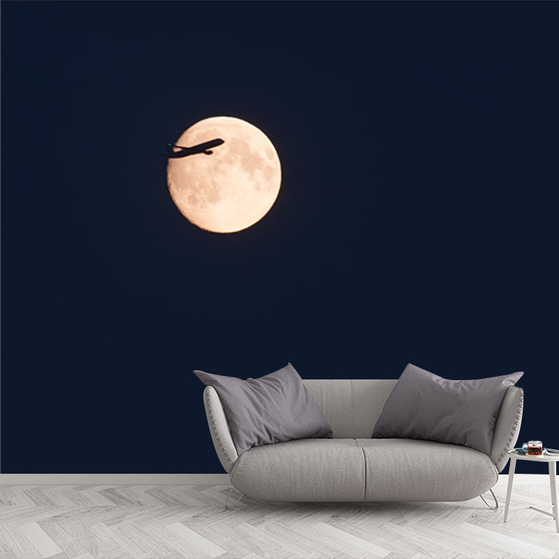 Black Contemporary Mural Whole Jet on Moon Sky Wall Art for Living Room, Custom Made