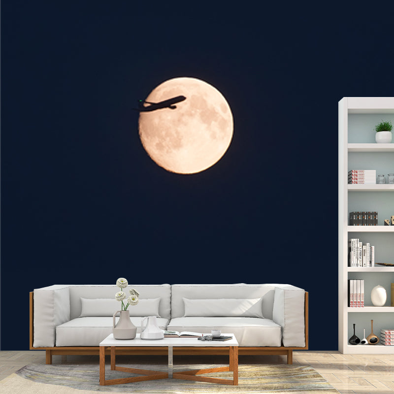 Black Contemporary Mural Whole Jet on Moon Sky Wall Art for Living Room, Custom Made