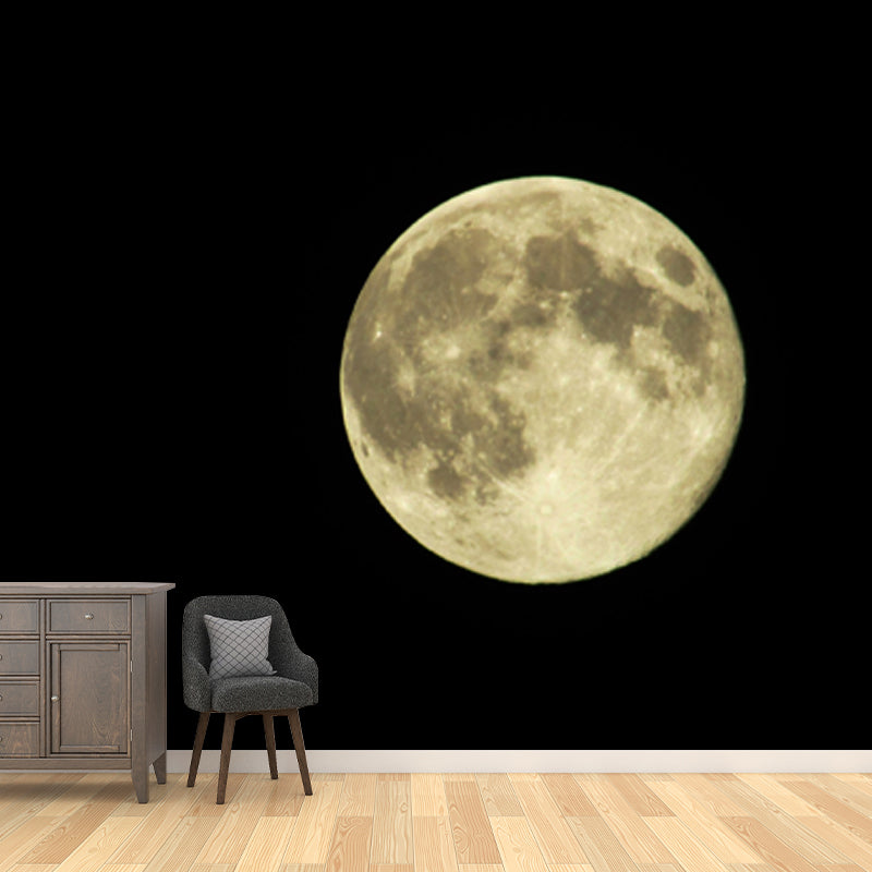 Minimalist Full Moon Wallpaper Mural Black-Yellow Planetary Wall Art, Non-Woven Fabric