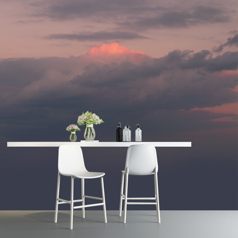 Grey-Orange Dusk Cloud Mural Moisture Resistant Modern Bedroom Wall Art, Optional Size
