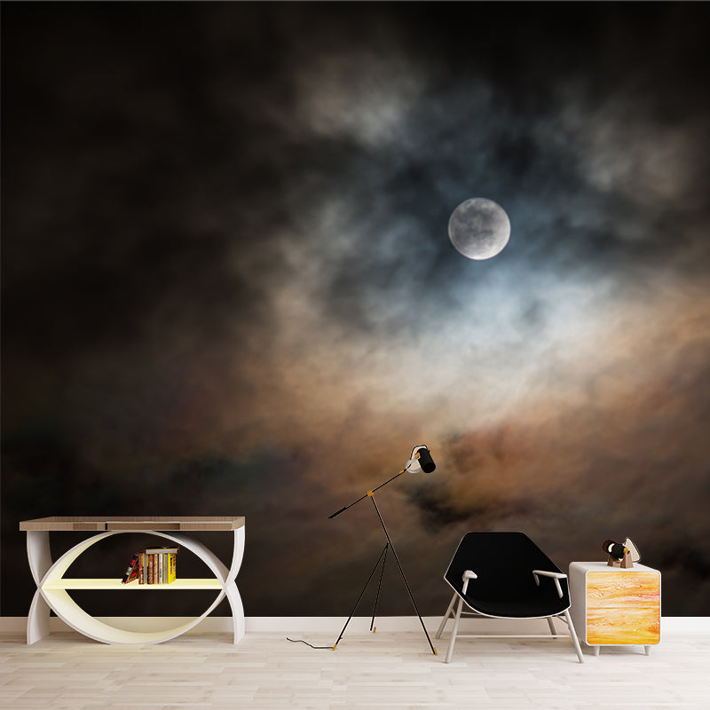 Full Moon Behind Clouds Mural Black-Yellow Modern Style Wall Art for Living Room