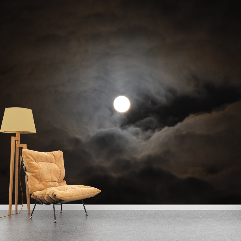 Huge Cloudy Moon Night Mural Grey-Black Non-Woven Wall Decor, Stain Resistant, Custom Size