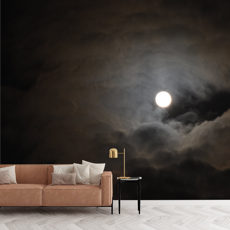 Huge Cloudy Moon Night Mural Grey-Black Non-Woven Wall Decor, Stain Resistant, Custom Size