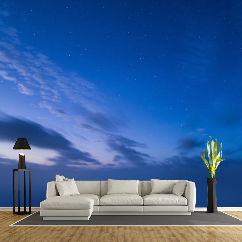 Blue Contemporary Mural Decal Full Size Cloud and Starry Sky Wall Decor for Bedroom
