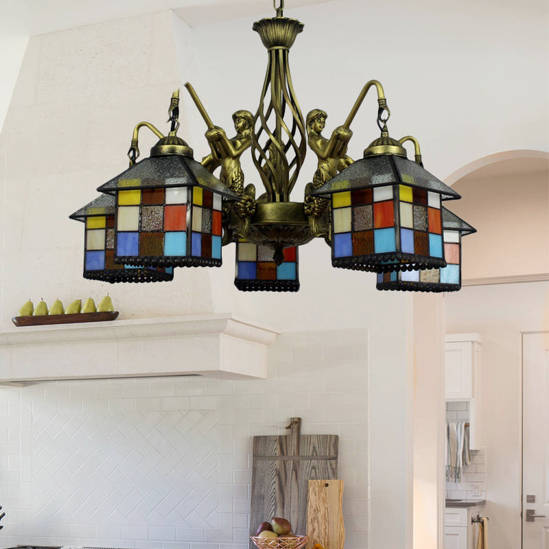 Lustre en Bronze Antique à 5 lumières, luminaire suspendu en verre teinté Tiffany pour salle à manger