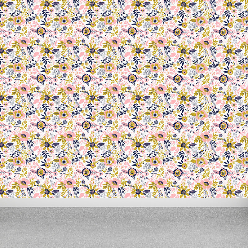Pastel Blossoming Flowers Wall Mural Waterproofing Contemporary Girls Room Wall Art