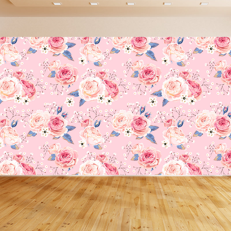 Modern Flower Rose Bloom Mural Pastel Moisture Resistant Wall Decor for Girls Room