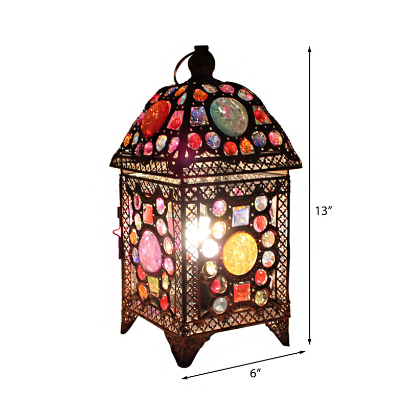 Wrought Iron House Desk Light with Beads Restaurant 1 Light Moroccan Multi-Colored Desk Lamp in Black and Pink