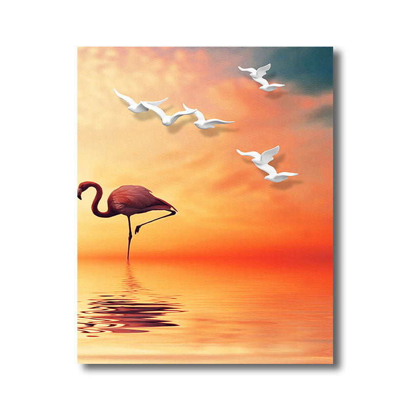 Tropical Flamingo and Seagull Canvas Orange Decorative Art Print for Living Room