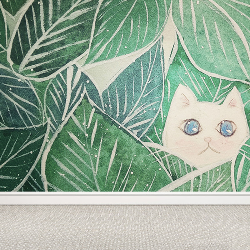 Leaves and Animal Mural Wallpaper Modern Non-Woven Material Wall Covering in Green