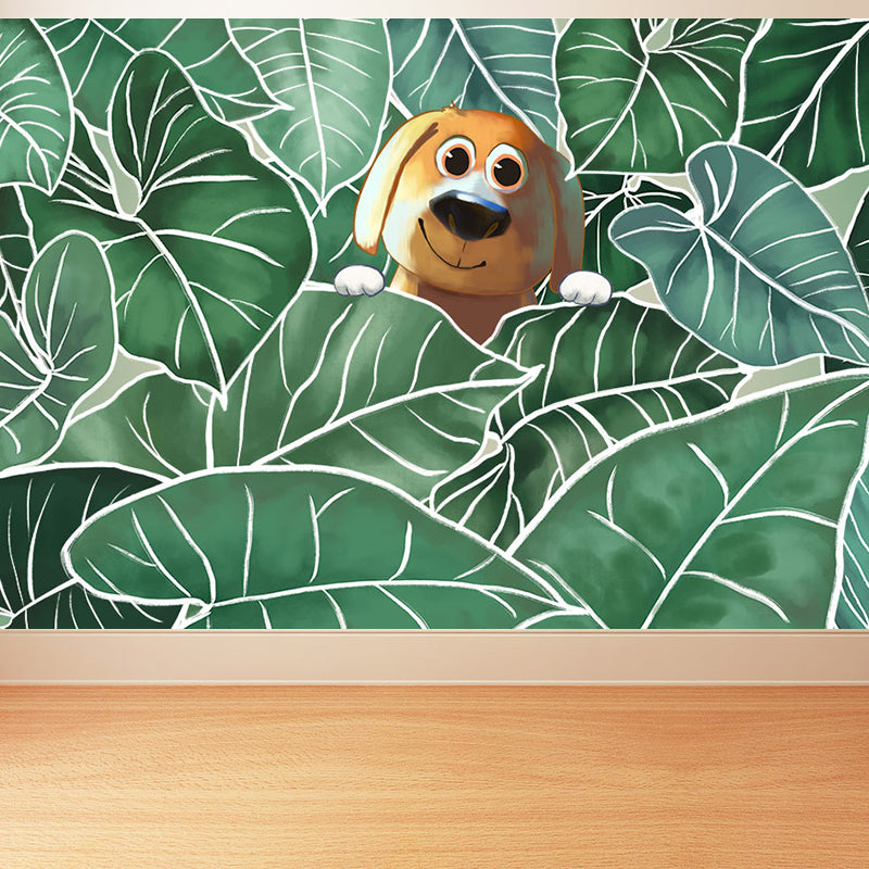 Leaves and Animal Mural Wallpaper Modern Non-Woven Material Wall Covering in Green
