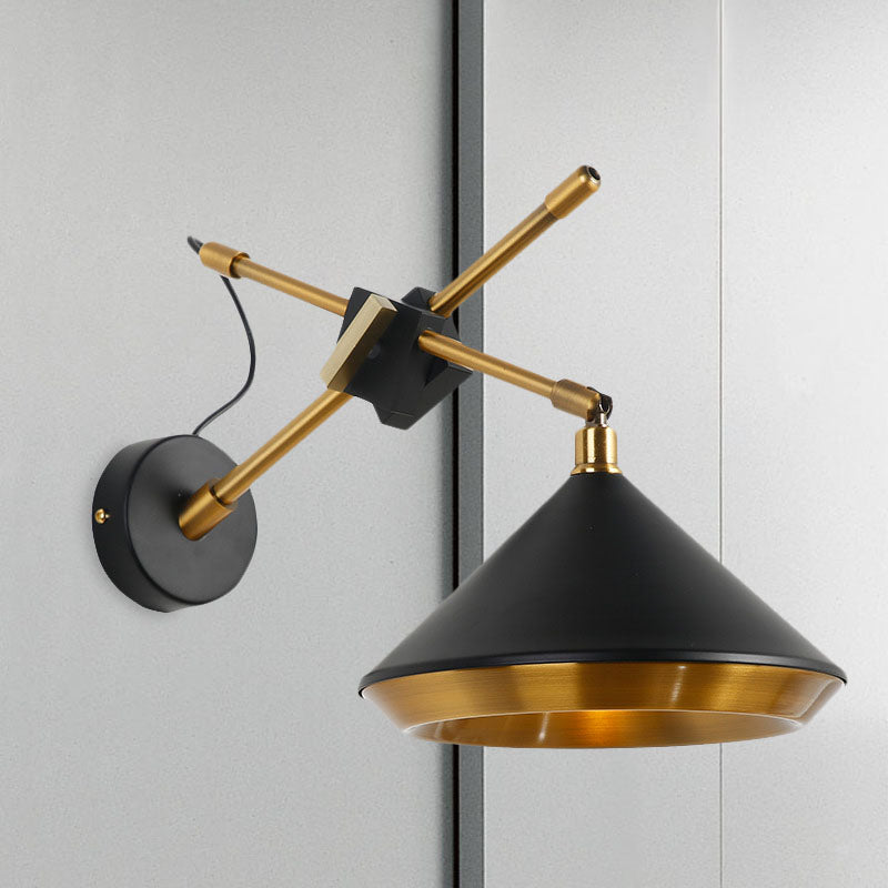 Retro Conical Swivelable Wall Light 1 Head Iron Sconce Lighting in Black/White and Brass Inner with X Arm