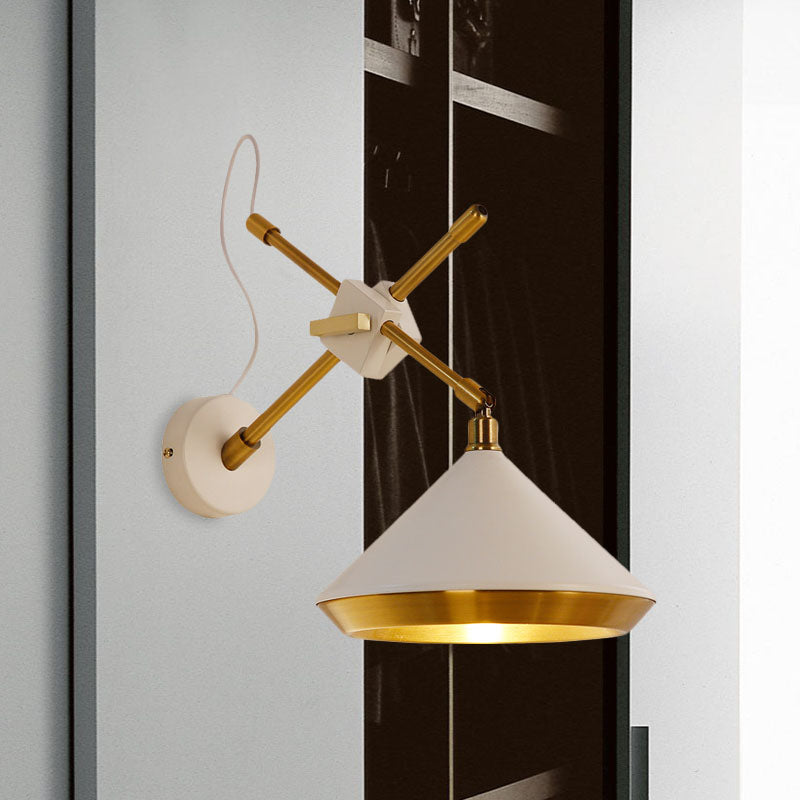 Retro Conical Swivelable Wall Light 1 Head Iron Sconce Lighting in Black/White and Brass Inner with X Arm