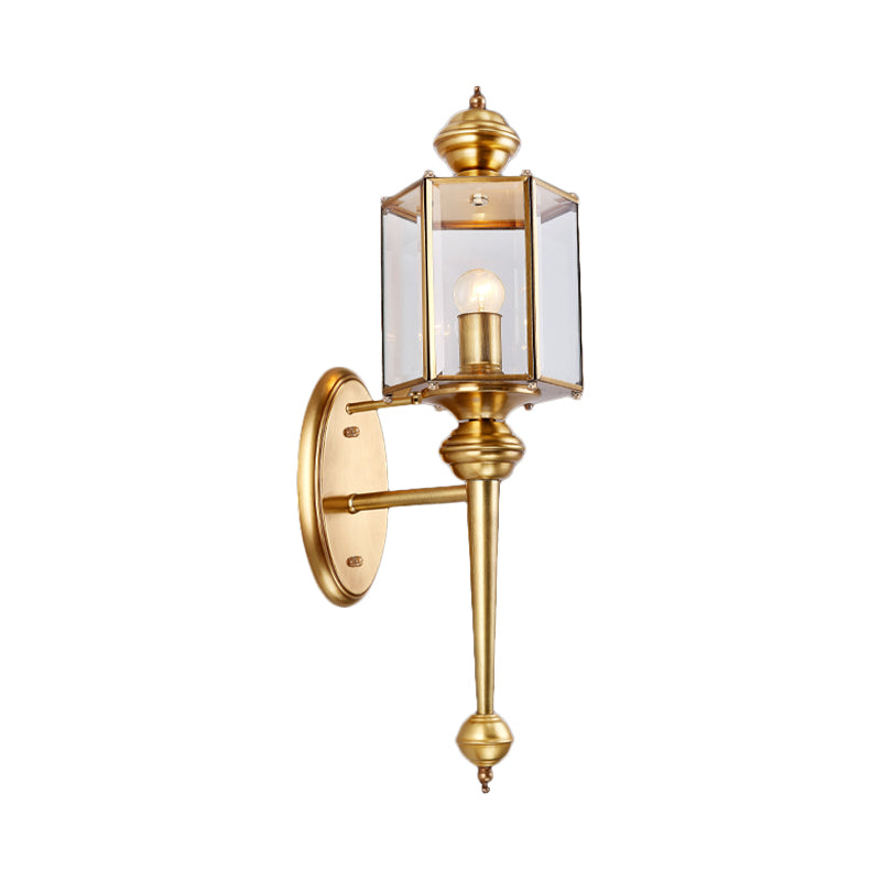 Polygon Hallway Wall Light Fixture Traditional Transparent Glass 1 Head Brass Wall Mount Lighting
