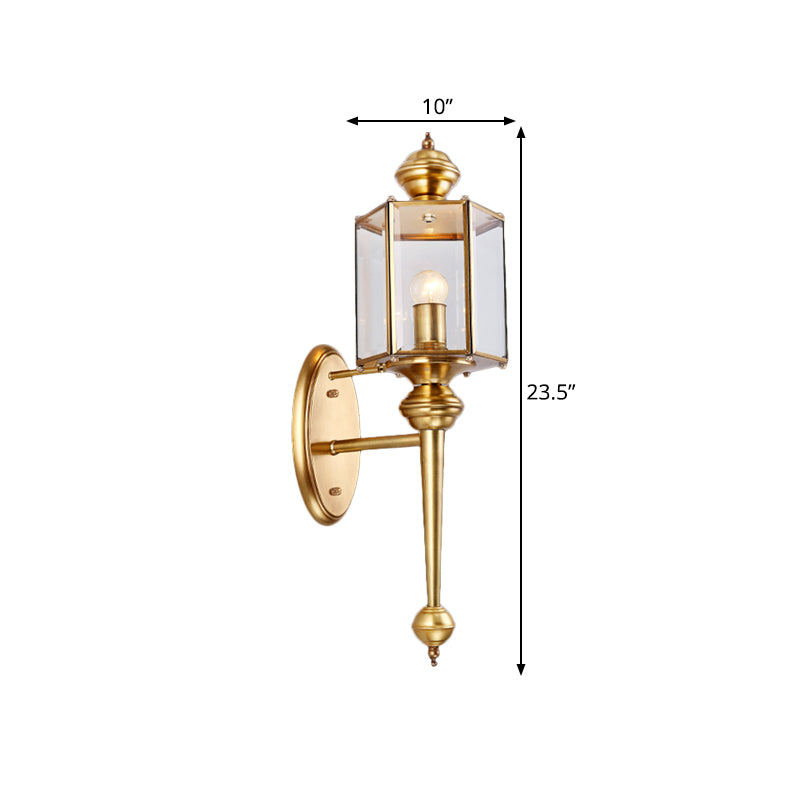 Polygon Hallway Wall Light Fixture Traditional Transparent Glass 1 Head Brass Wall Mount Lighting