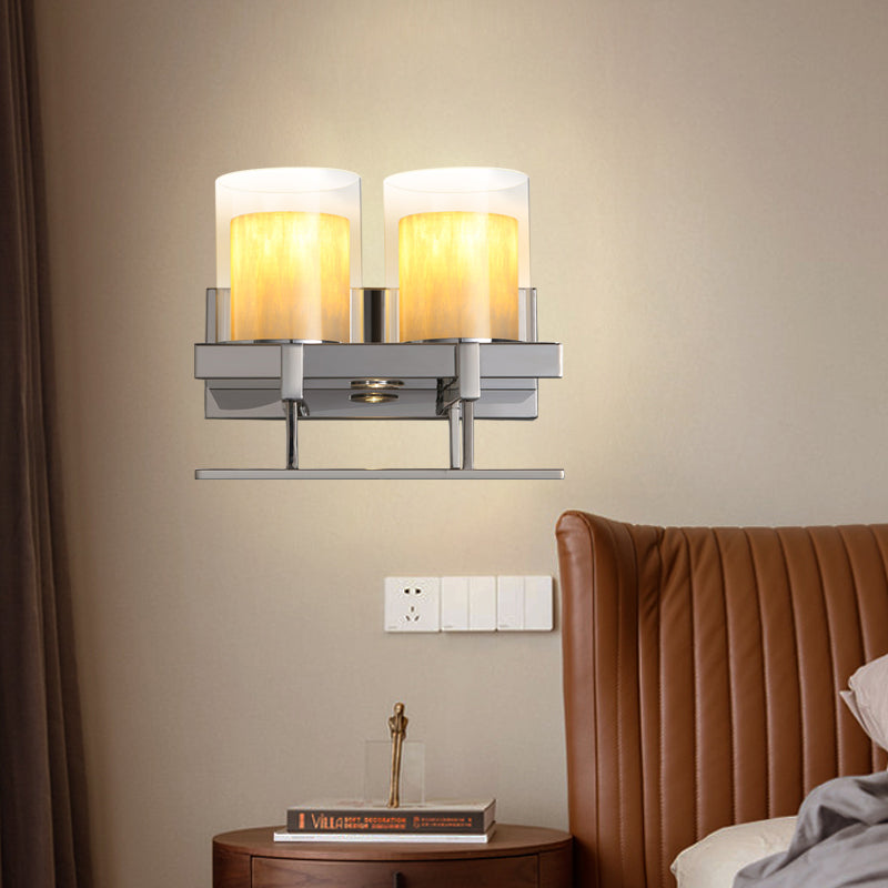 Column Metal Wall Sconce Light Traditional 2 Heads Bedroom Wall Lamp Fixture in Chrome with Glass Holder