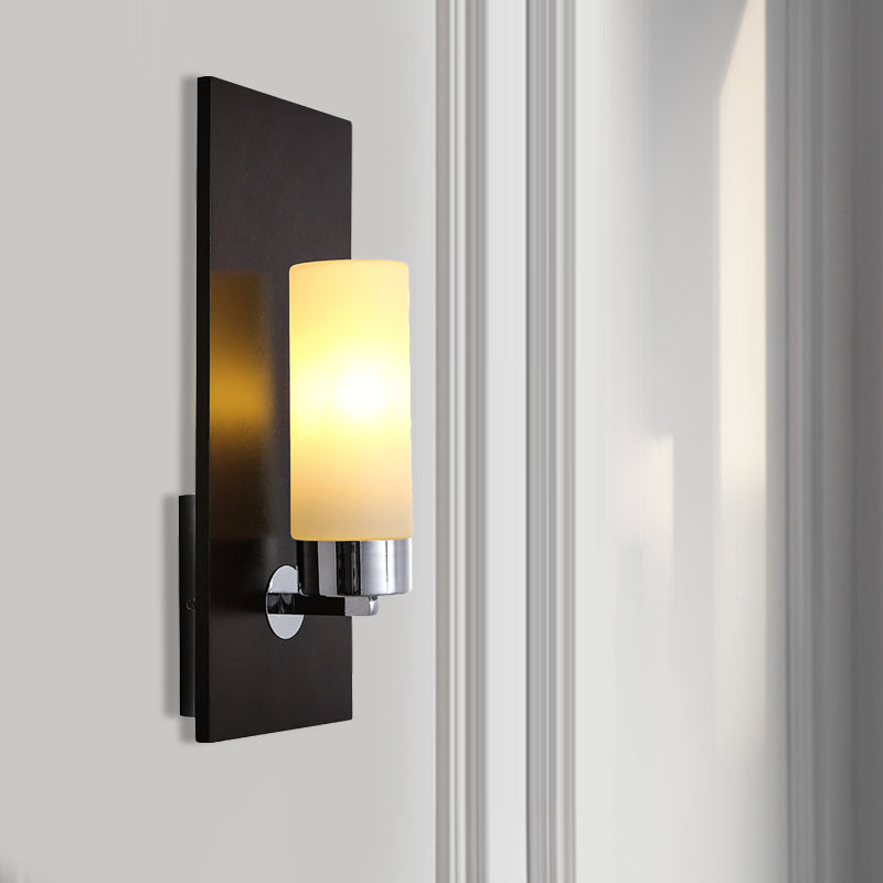 Chrome/Black Cylinder Sconce Lamp Traditional 1 Head Living Room Wall Mounted Light Fixture with Rectangular Backplate