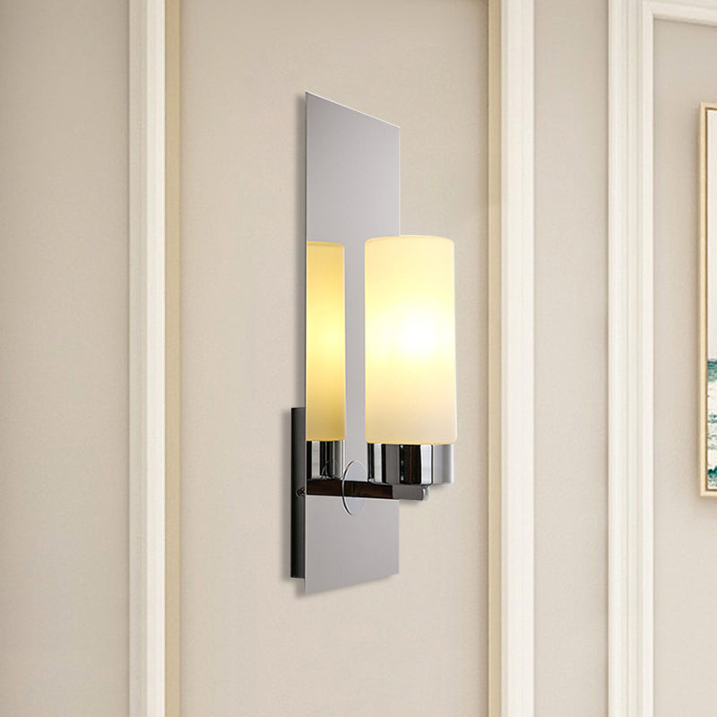 Chrome/Black Cylinder Sconce Lamp Traditional 1 Head Living Room Wall Mounted Light Fixture with Rectangular Backplate