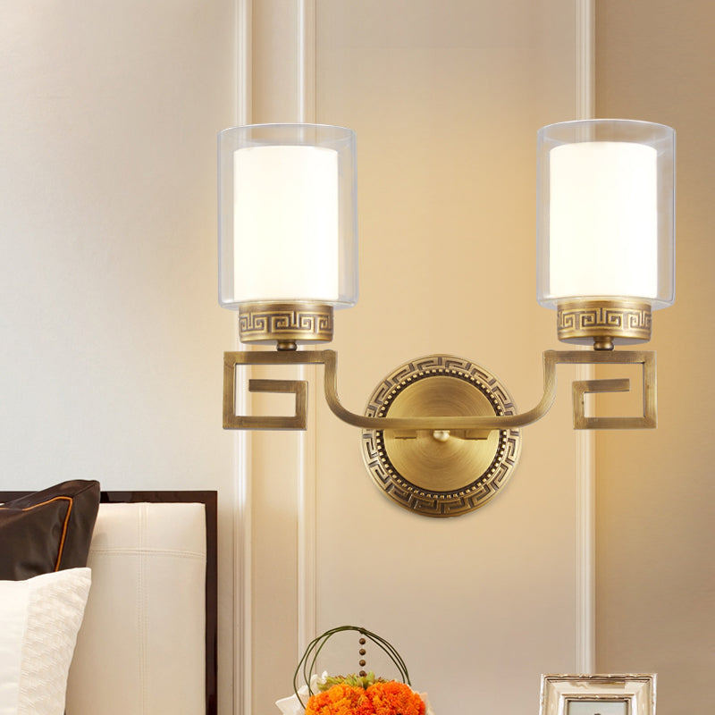 2 Lights Cylinder Sconce Lamp Colonialist Gold Clear and Opal Glass Wall Mounted Light Fixture