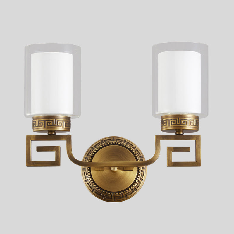 2 Lights Cylinder Sconce Lamp Colonialist Gold Clear and Opal Glass Wall Mounted Light Fixture