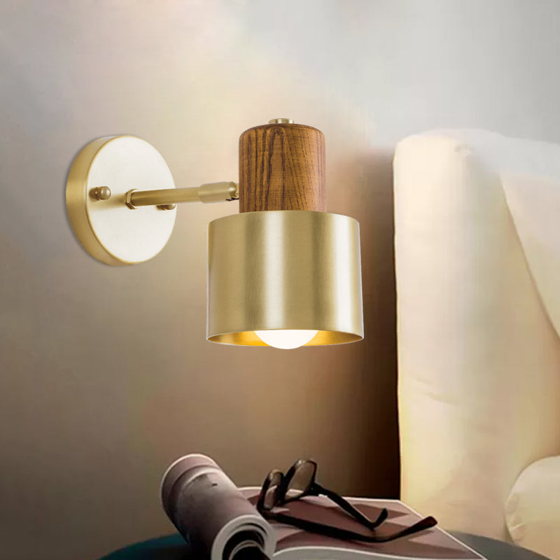 Beige/Brown Cylinder Wall Sconce Colonialism Metal 1 Light Bedroom Wall Lighting Fixture with Wooden Top