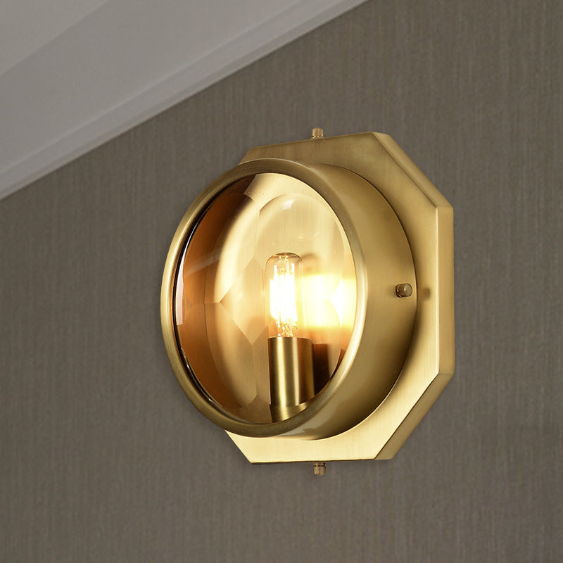 Octagon Bedroom Wall Mounted Light Colonialism Metal 1 Head Gold Sconce with Crystal Accent