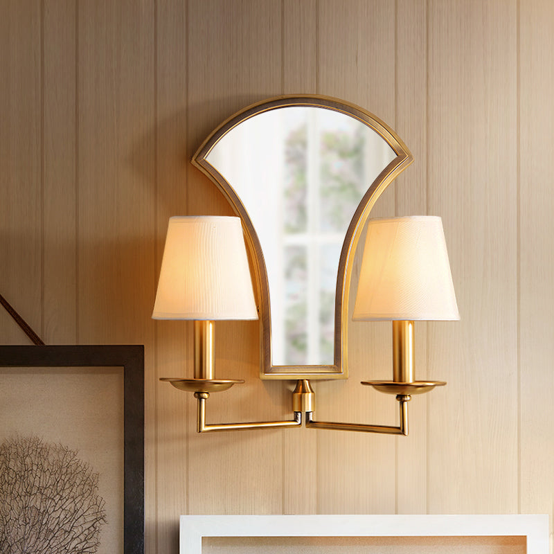 Retro Candlestick Wall Lamp 2 Bulbs Metal Sconce Light Fixture in Gold with Mirror and Fabric Empire Shade