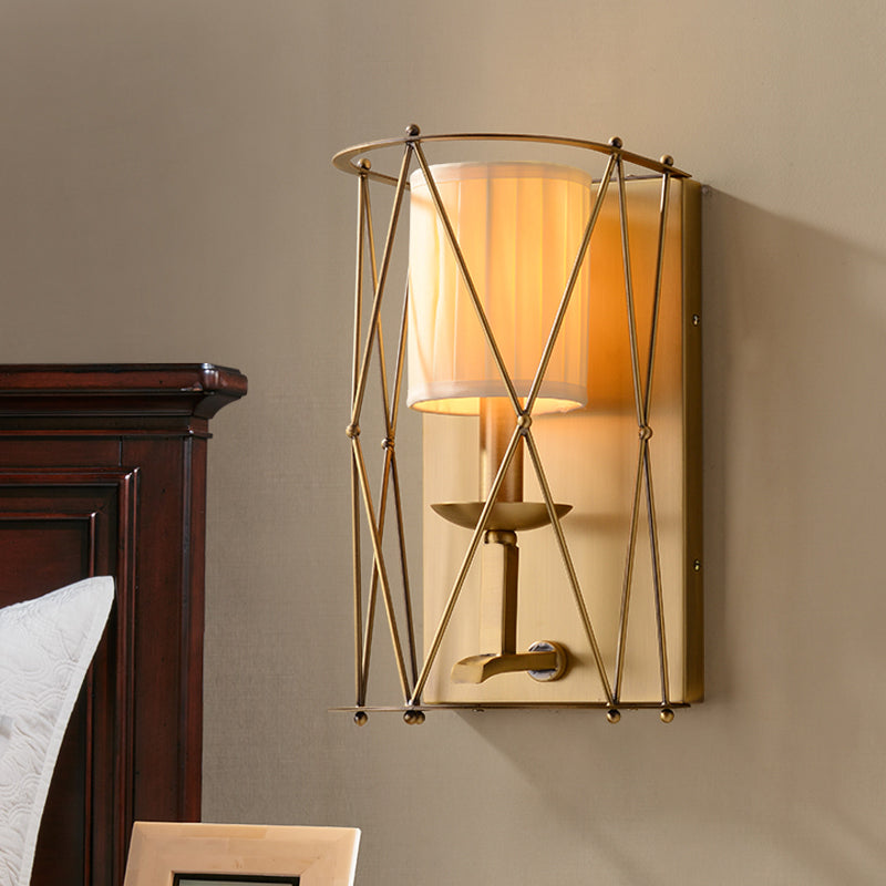 Lodges Cylindrical Wall Lighting Single Gathered Fabric Sconce with Gold Lattice Net