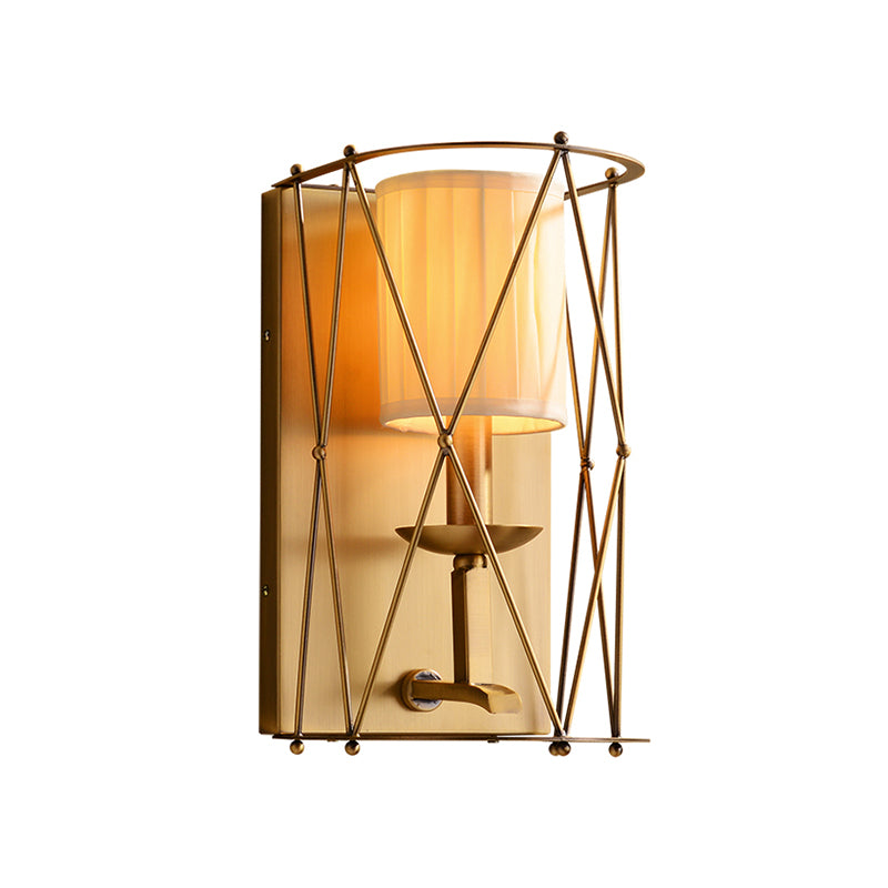 Lodges Cylindrical Wall Lighting Single Gathered Fabric Sconce with Gold Lattice Net