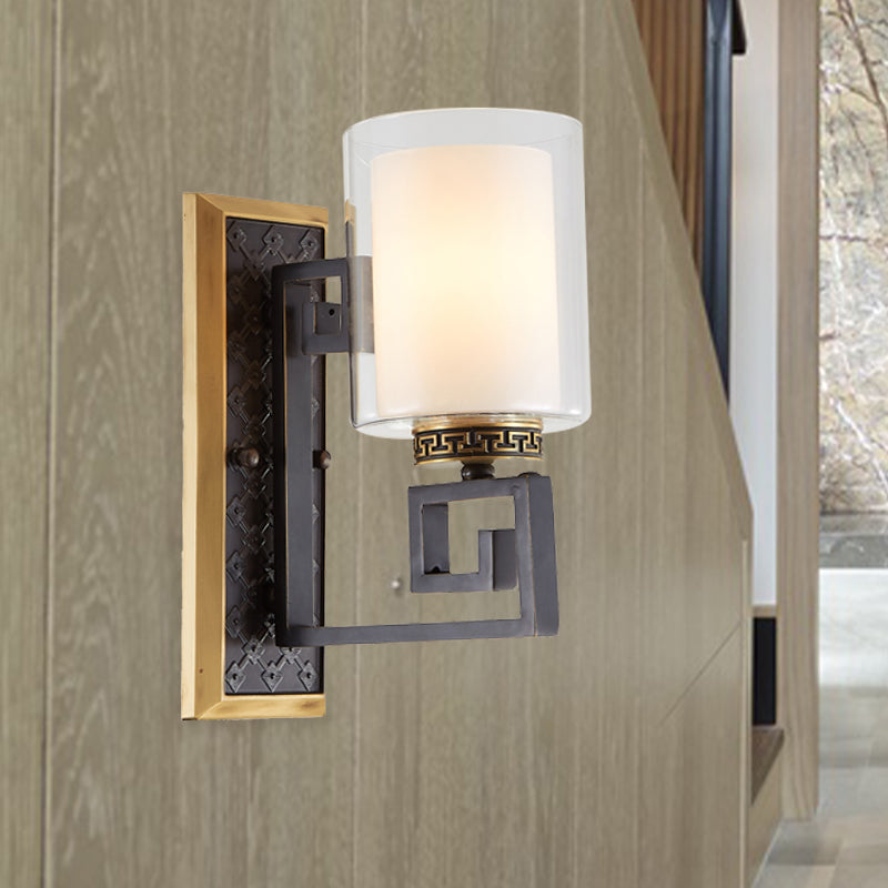 Antiqued Gold/Black Sconce Ideas Traditional Transparent and Matte Glass Dual Shade Pillar Wall Mounted Light