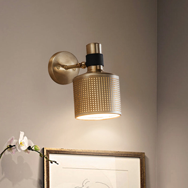 Cylinder Bedroom Wall Lamp Fixture Metal 1 Bulb Gold Sconce Wall Light with Cutout Design