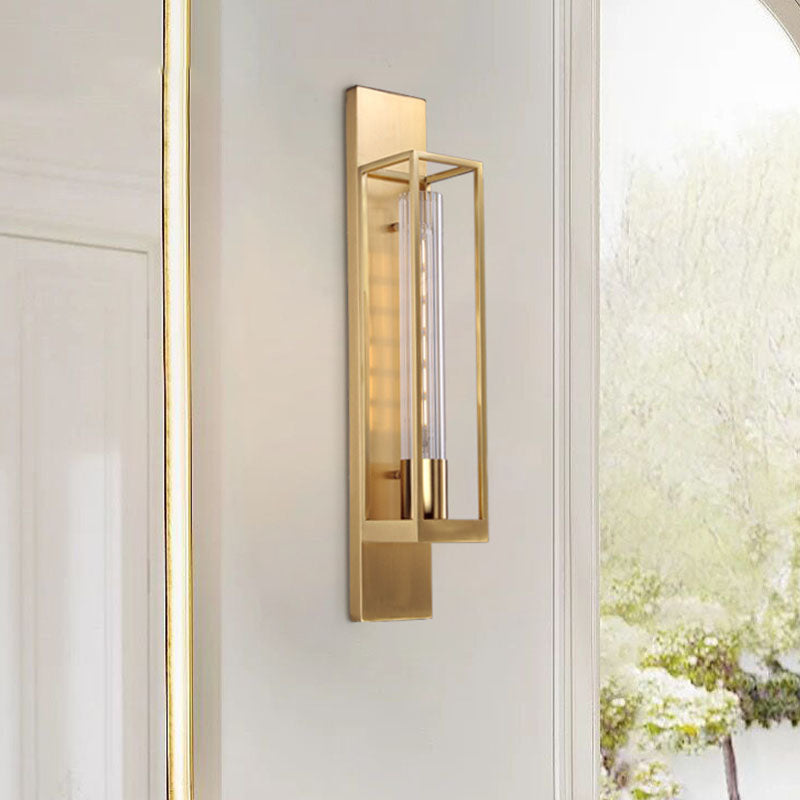 Metal Rectangle Wall Sconce Lighting Luxury 1-Bulb Living Room Wall Light in Gold with Cylinder Clear Glass Shade