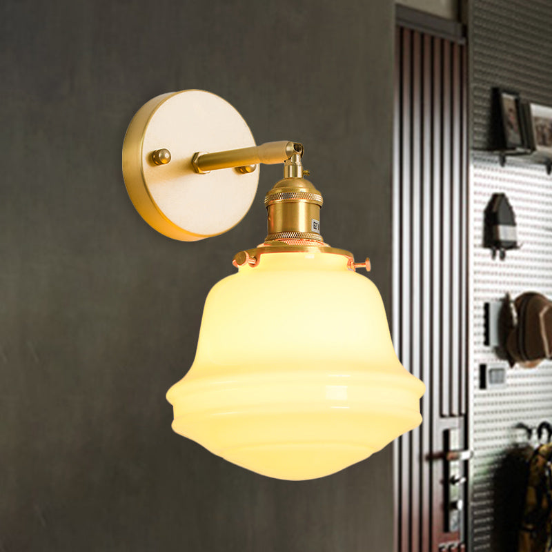 Milky Glass Bell Sconce Lighting Colonialist 1 Bulb Bedroom Wall Mounted Light in Gold with Cord/Straight Arm