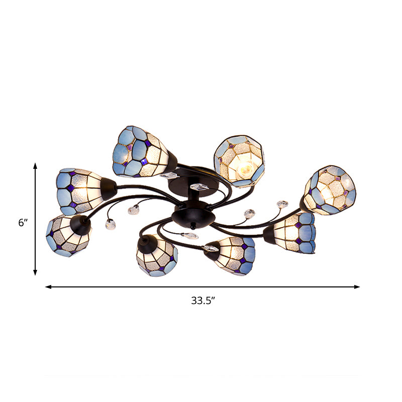 Tiffany Semi-encastré avec bras tourbillonnant et abat-jour en forme de dôme, plafonnier en verre artistique à 8 lumières, Orange/bleu, pour le salon