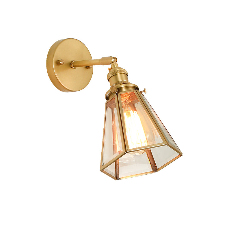 Colonialism Tapered Wall Light Fixture 1-Bulb Clear Glass Sconce Lamp in Gold with/without Pull Chain
