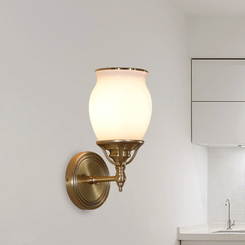 Urn Opal Glass Sconce Lamp Colonialism 1-Bulb Living Room Wall Light Fixture in Brass with Metal Straight Am