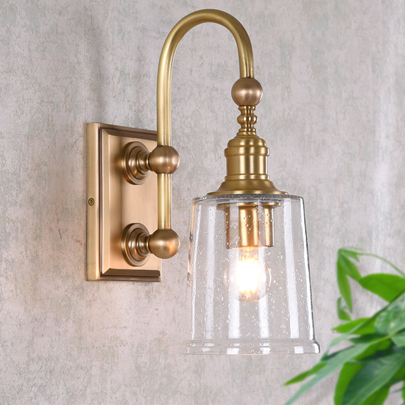 Conical Bathroom Sconce Light Colonial White/Clear Bubble Glass 1 Bulb Brass Wall Lamp with Metal Gooseneck Arm