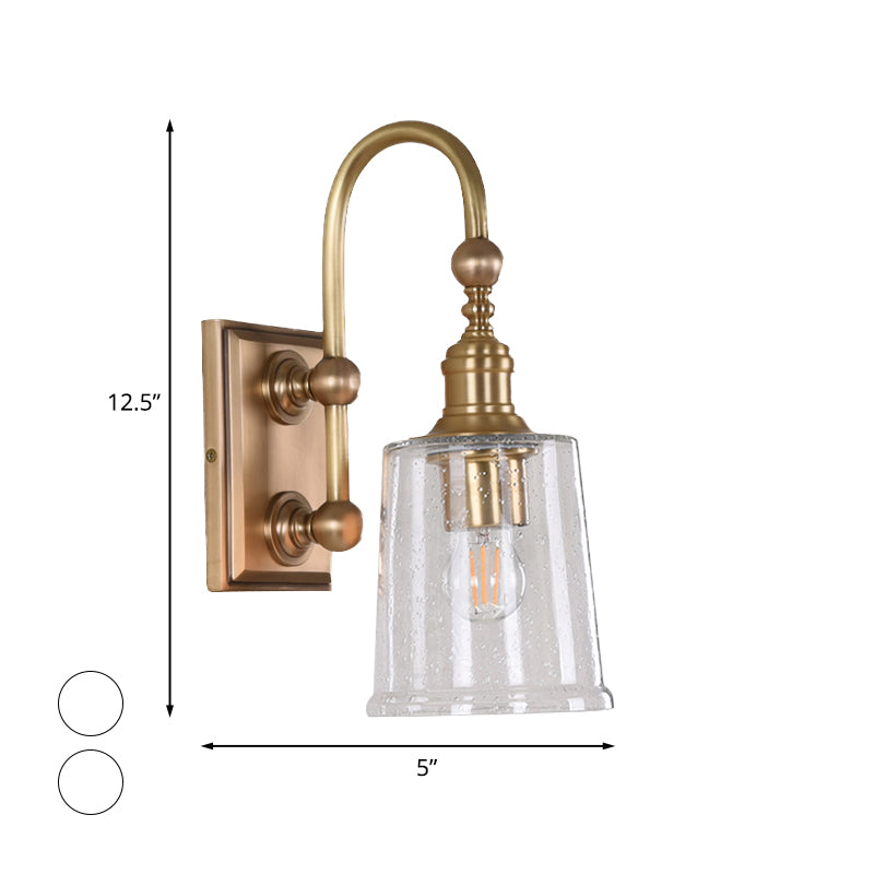 Conical Bathroom Sconce Light Colonial White/Clear Bubble Glass 1 Bulb Brass Wall Lamp with Metal Gooseneck Arm