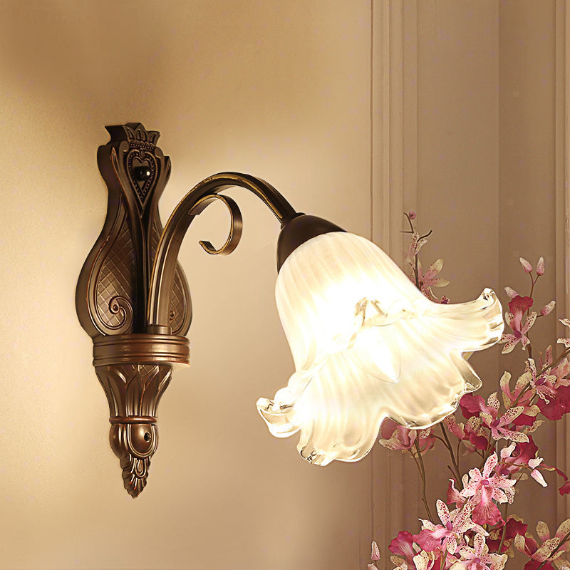 Traditionalism Floral Wall Lamp Fixture 1/2-Light White Glass Wall Sconce Lighting in Black for Bedroom