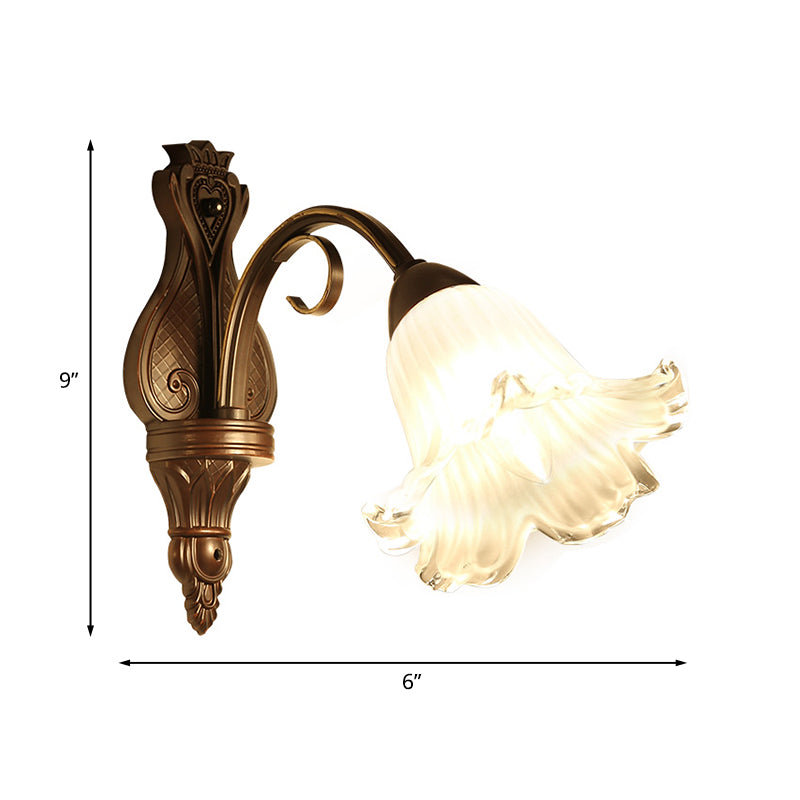 Traditionalism Floral Wall Lamp Fixture 1/2-Light White Glass Wall Sconce Lighting in Black for Bedroom