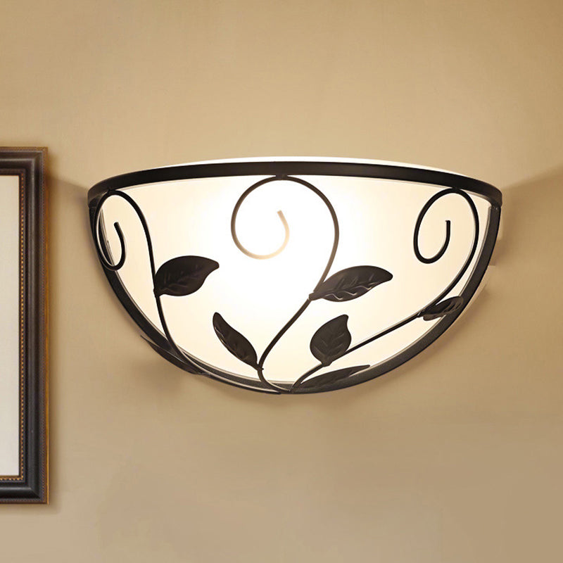 Half Moon Bedroom Wall Sconce Vintage White Glass 1 Head Black Wall Lighting with Leaf Design