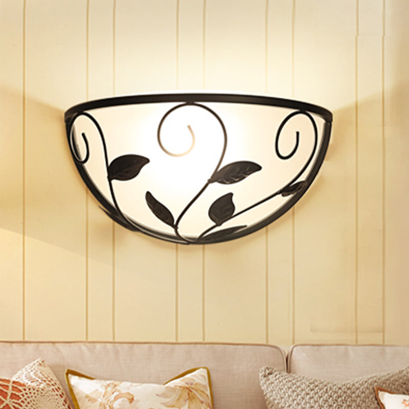 Half Moon Bedroom Wall Sconce Vintage White Glass 1 Head Black Wall Lighting with Leaf Design