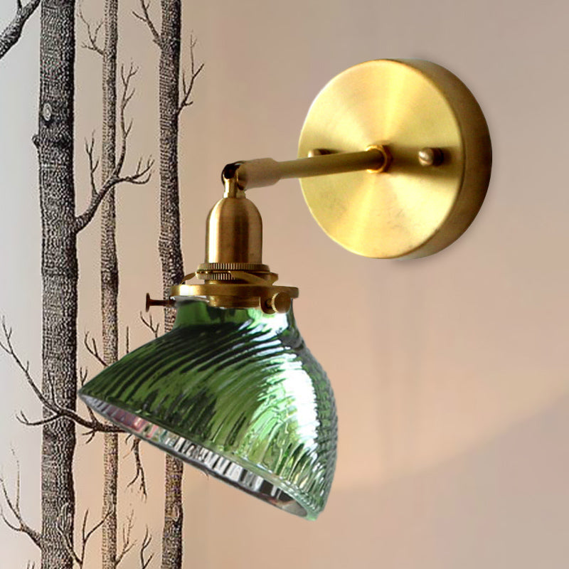 1 Light Wall Lamp Colonialism Curved Bowl Clear/Green Prismatic Glass Wall Sconce Lighting Fixture