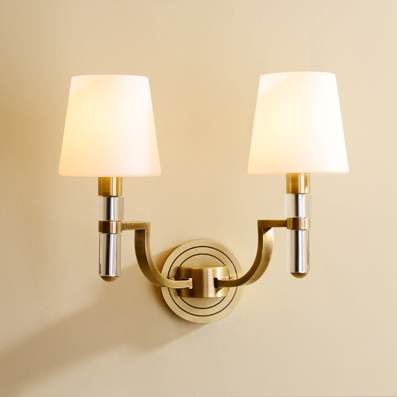 1/2-Light Tapered Wall Lamp Sconce Colonial Gold Frosted Glass Wall Mounted Light with Crystal Accent