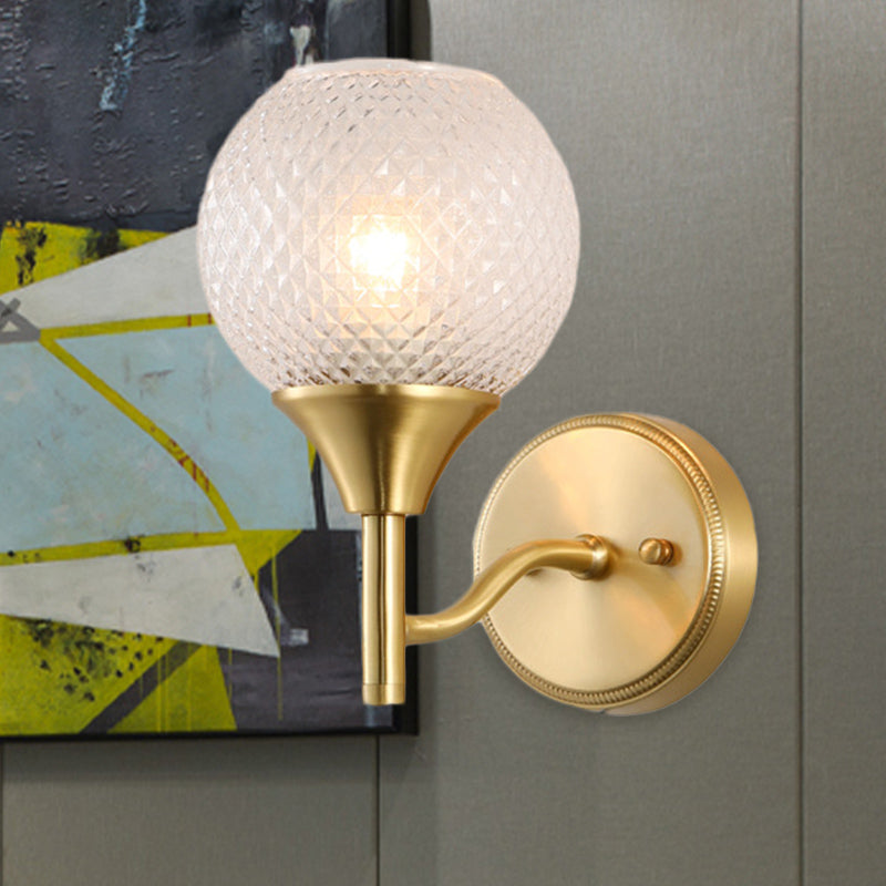 Spherical Corridor Wall Mounted Lighting Colonialist Clear Ribbed Glass 1-Light Gold Sconce