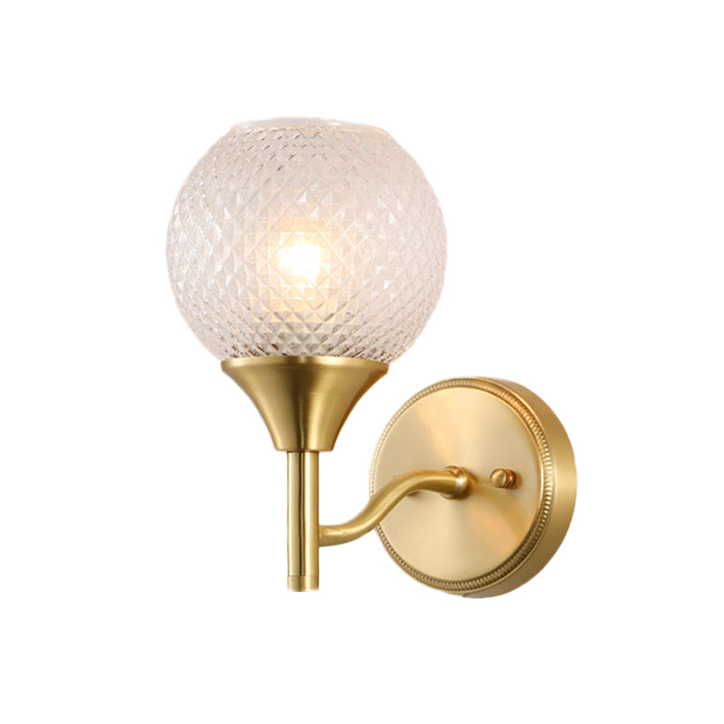 Spherical Corridor Wall Mounted Lighting Colonialist Clear Ribbed Glass 1-Light Gold Sconce