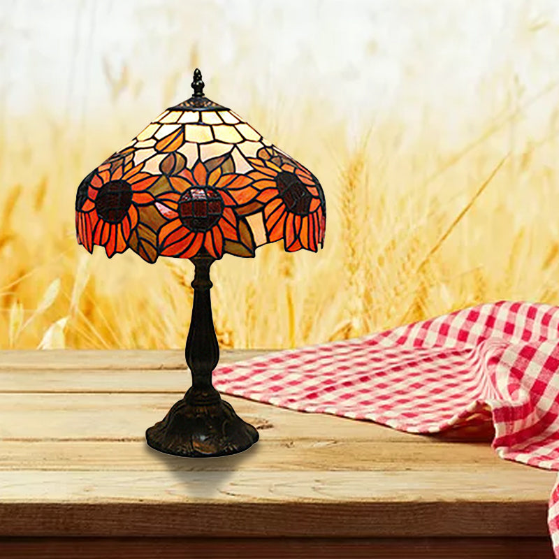 Rustic Tiffany Sunflower Desk Light 1 Head Stained Glass Cone/Dome/Bowl Table Light in Orange for Bedroom