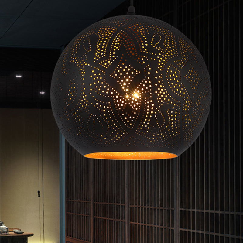 Art Deco Etched Sphere/Droplet Hanging Lamp Kit 5"/8" Width 1 Head Metallic Pendulum Light in Black