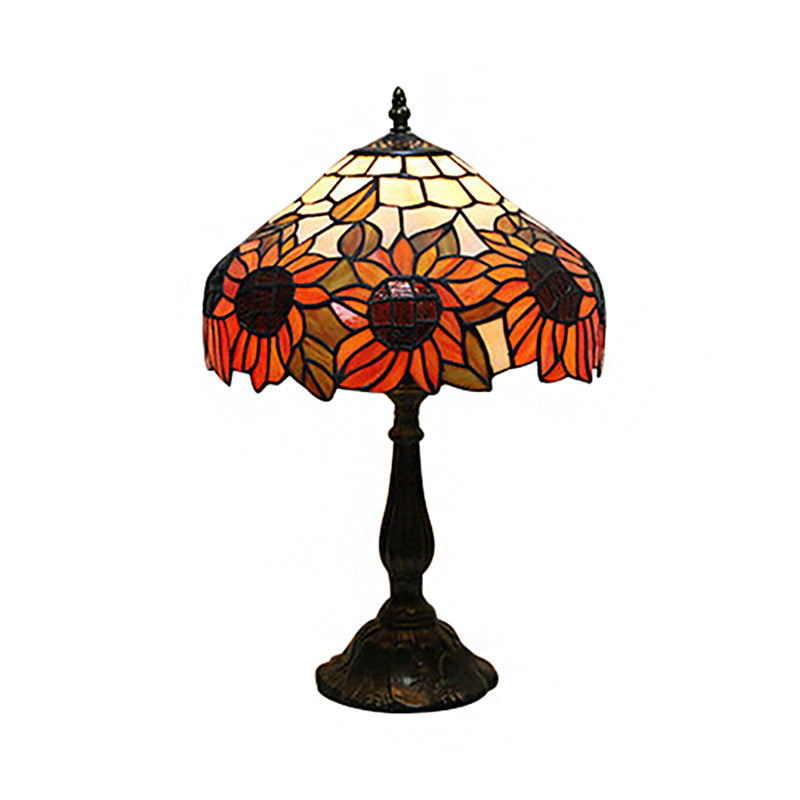 Rustic Tiffany Sunflower Desk Light 1 Head Stained Glass Cone/Dome/Bowl Table Light in Orange for Bedroom