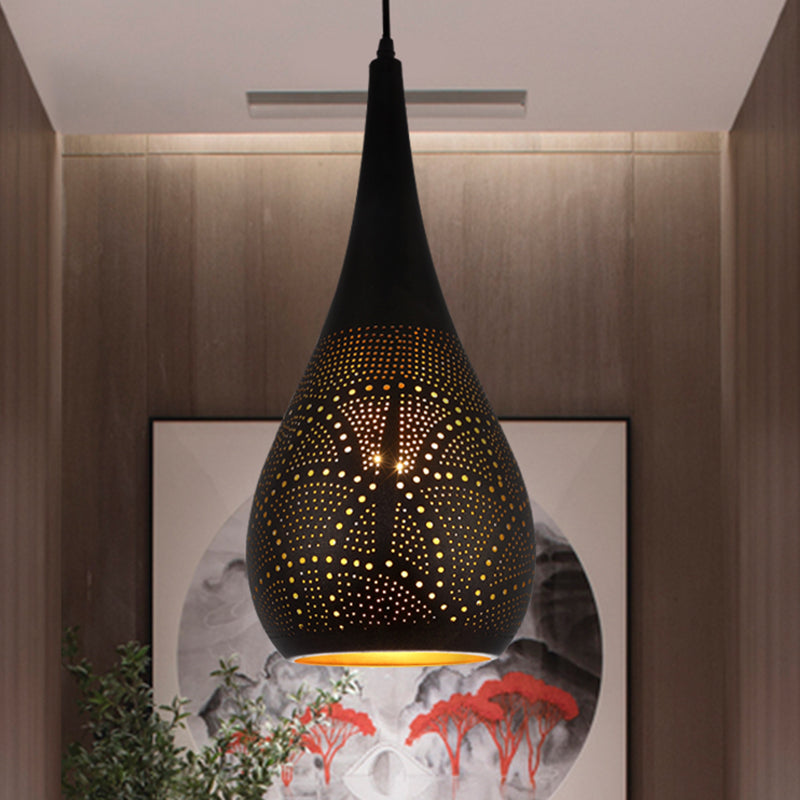 Art Deco Etched Sphere/Droplet Hanging Lamp Kit 5"/8" Width 1 Head Metallic Pendulum Light in Black